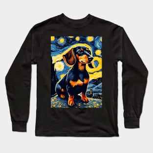 Cute Dachshund Dog Breed in a Van Gogh Starry Night Art Style Long Sleeve T-Shirt
